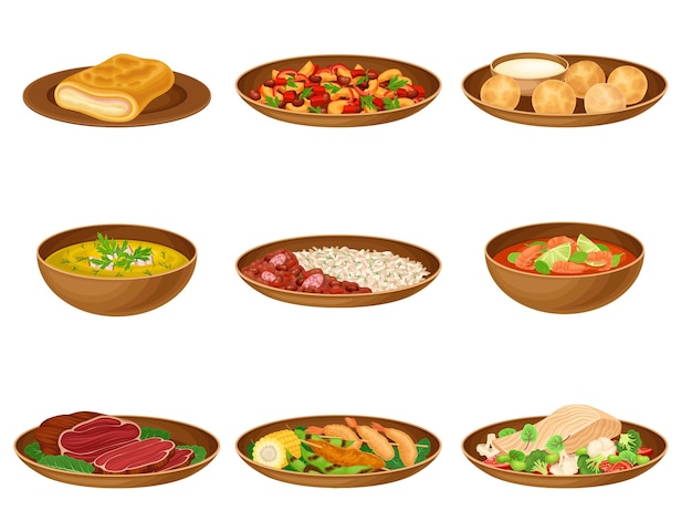 Platos de cocina brasileña con frijoles estofados y ensalada de frutas