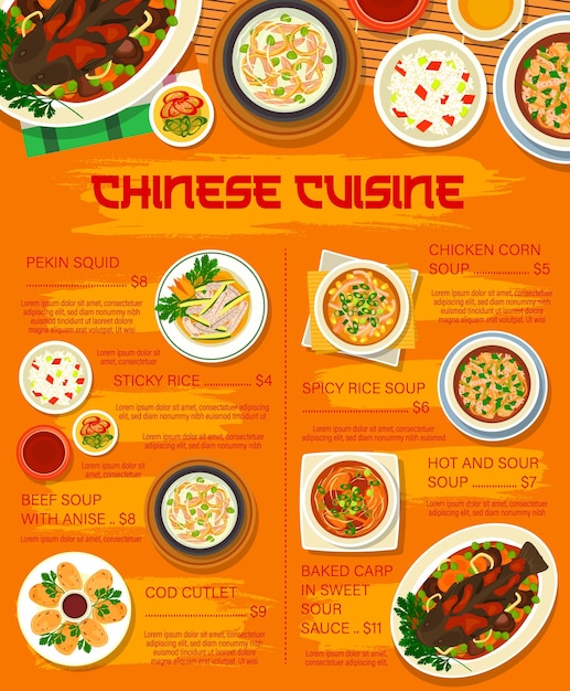 Platos de cocina de comida china tazón de vector de menú de restaurante asiático con sopa de pollo cocina gourmet de china comida cena y almuerzo comidas bacalao chuleta de pescado calamares de pekín y sopa mesa tradicional china