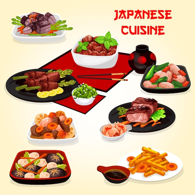 Vector platos de cocina japonesa con carne verduras pescado