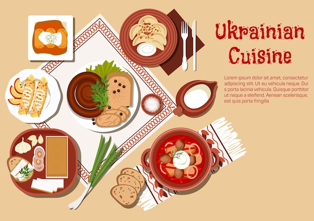 Platos de la cocina nacional ucraniana con borscht servido en olla de cerámica y crema agria y jarra de leche