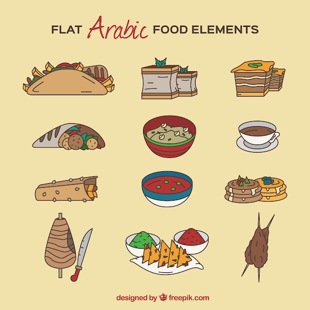 Platos de comida árabe sabrosa dibujada a mano