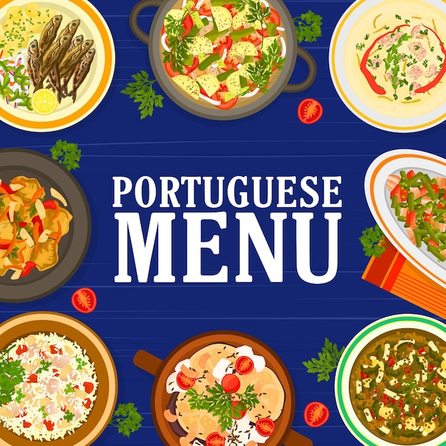 Vector platos y comidas del menú de comida de la cocina portuguesa