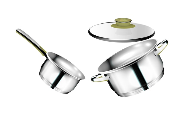 Platos de cromo realistas Ollas de acero con cacerola de metal de cabo y utensilios de cocina aislados Imagen vectorial Sartén de cromo 3D y utensilio de cocina
