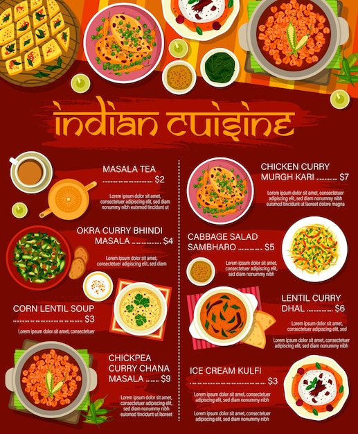 Vector platos de curry de comida de especias de menú de restaurante indio