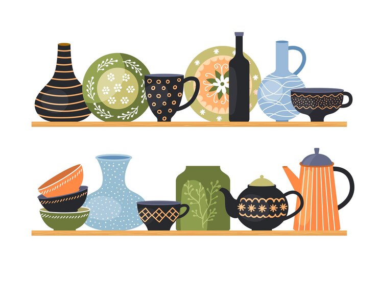 Vector platos en estantes estantes interiores de cocina con platos decorativos tenedores cucharas taza y jarrón fondo de dibujos animados de vector reciente