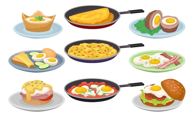 Los platos de huevos establecen un desayuno fresco y nutritivo elemento de diseño de alimentos para el menú café restaurante vectorial Ilustraciones aisladas sobre un fondo blanco