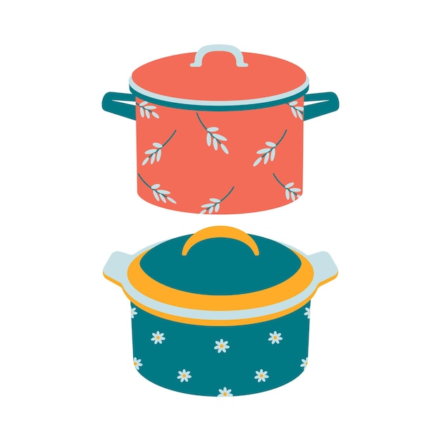 Platos Un juego de olla de cocina con tapa y un adorno floral.