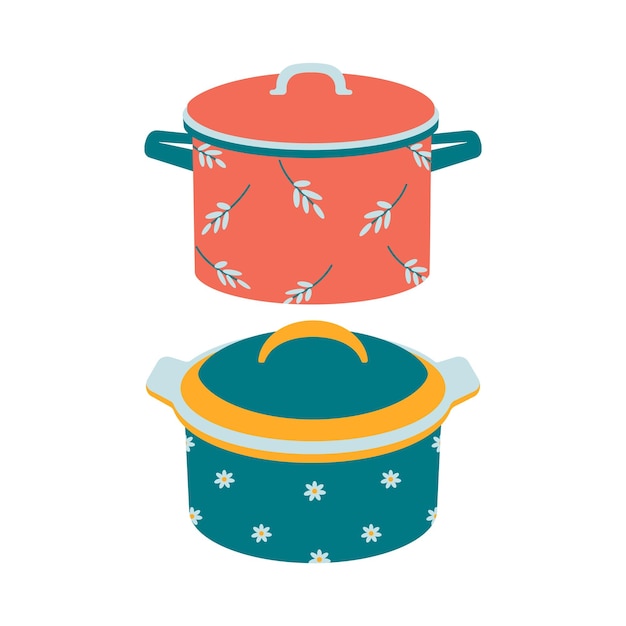 Vector platos un juego de olla de cocina con tapa y un adorno floral.