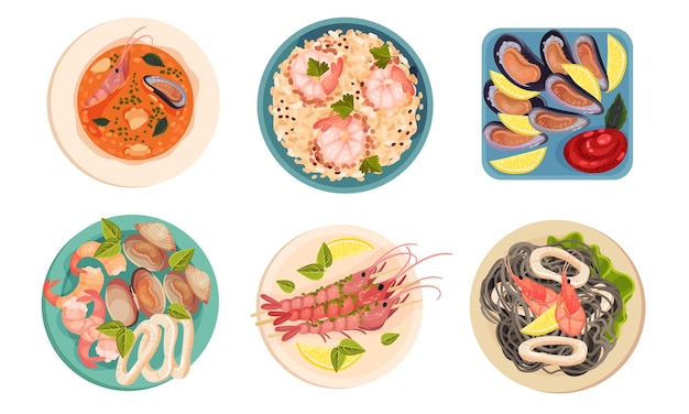 Platos de mariscos con camarones y ostras conjunto vectorial de vista superior