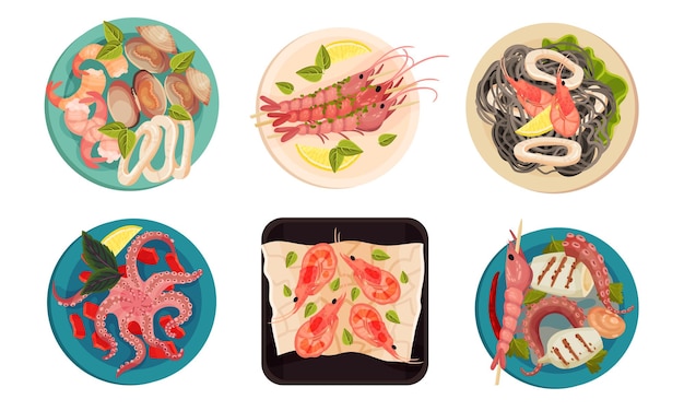 Platos de mariscos con camarones y ostras conjunto vectorial de vista superior