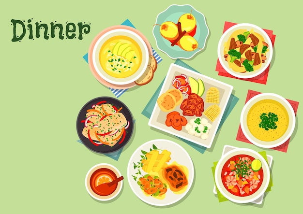 Platos del menú de la cena con icono de postre de frutas exóticas