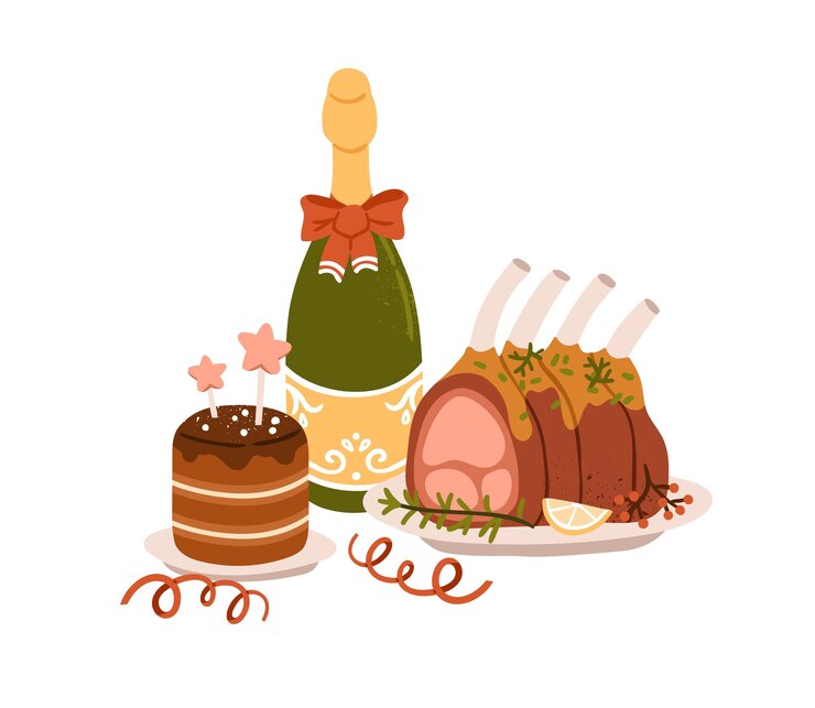 Vector platos navideños, costillas de cerdo asadas festivas, botella de champán y pastel. comida tradicional navideña con carne y postre para la cena navideña de invierno. ilustración de vector plano aislado sobre fondo blanco