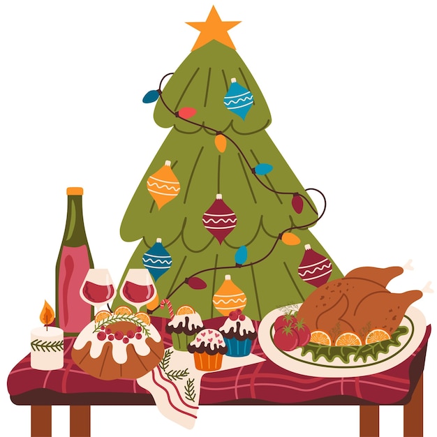 Platos navideños en la mesa festiva cerca del árbol de Navidad comidas y bebidas tradicionales para la fiesta de invierno