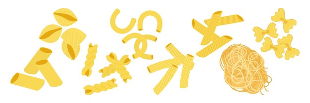 Platos de pasta coloridos con varios ingredientes Ilustración vectorial plana Conjunto de combinaciones de pasta y ensalada