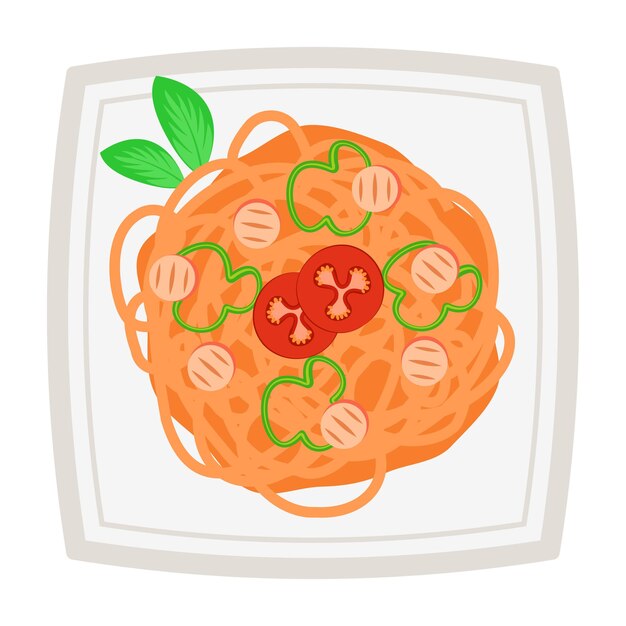 Platos de pasta coloridos con varios ingredientes Ilustración vectorial plana