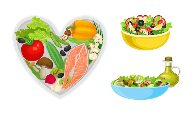 Platos de platos saludables con ilustración vectorial de alimentos saludables y equilibrados
