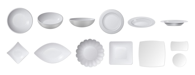 Platos realistas blancos Colección de platos de vista superior Vajilla de cerámica aislada Accesorios de cocina Café restaurante que sirve conjunto de vectores