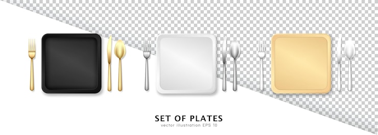 Vector platos realistas, vajilla, utensilio y tenedor dorado, cuchillo, cuchara. vista superior de vajilla vacía 3d