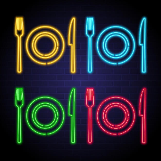 Platos de restaurante con luz de neón que brilla intensamente