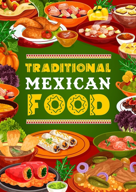Vector platos de restaurante de verduras y carnes de comida mexicana.