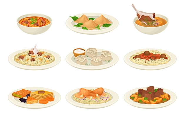 Vector platos tradicionales de la cocina uzbeka con pilaf y lagman conjunto vectorial de vista lateral