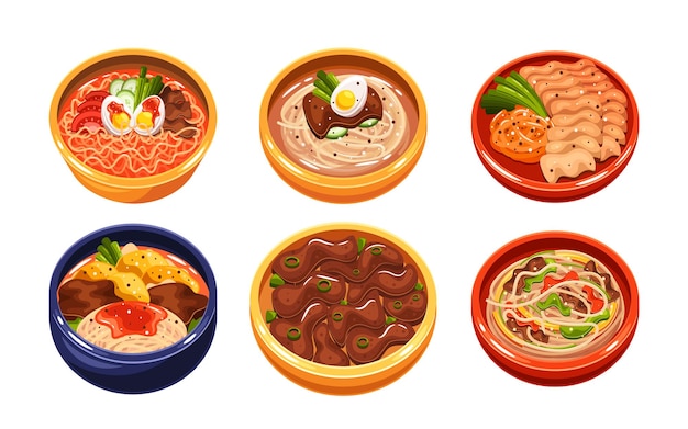 Los platos tradicionales coreanos en cuencos La imagen muestra la variedad de ingredientes y las delicias culinarias coreanas