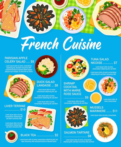 Platos vectoriales de menú de cocina francesa de Francia