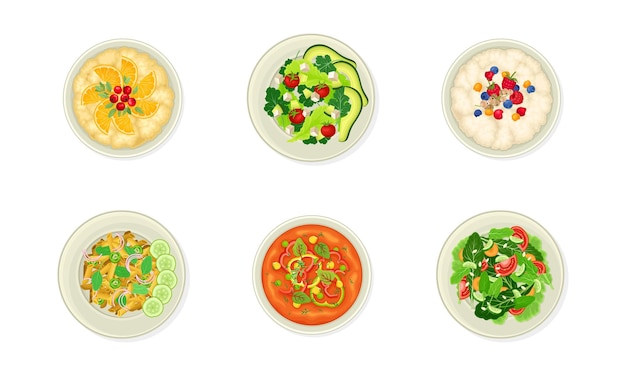 Platos veganos y platos principales con avena de avena y ensalada de verduras