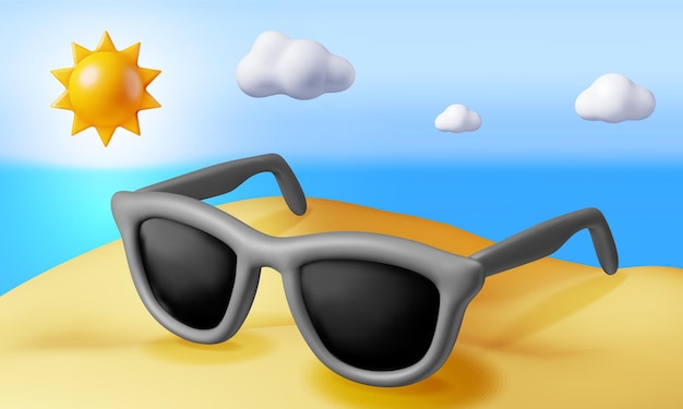 Playa 3D con gafas de sol en la arena sobre el mar