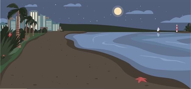 Playa de arena en la ilustración en color de la noche. costa de noche con rascacielos y palmeras tropicales. exótico paisaje de dibujos animados frente al mar de verano con modernos edificios de la ciudad en el fondo