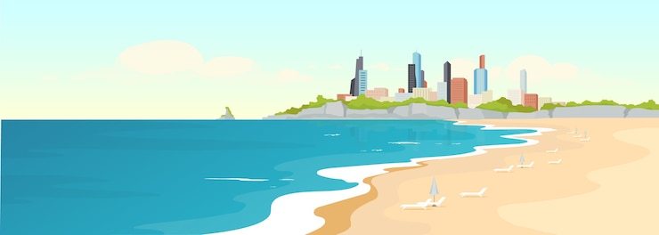 Playa de arena urbana color plano. Orilla del mar y edificios modernos. Vista de la ciudad marina. Recreación de verano. Paisaje de dibujos animados 2D de la costa del océano con rascacielos en el fondo