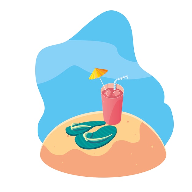 Vector playa de arena de verano con cóctel e iconos escena