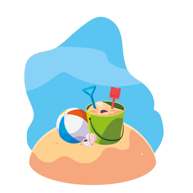 Playa de arena de verano con cubo de arena y los iconos