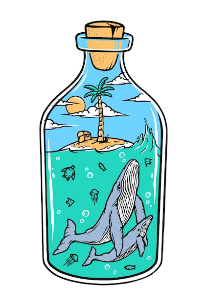 Playa y ballena en una ilustración de botella