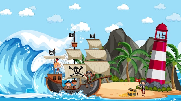 Playa con barco pirata en escena diurna en estilo de dibujos animados