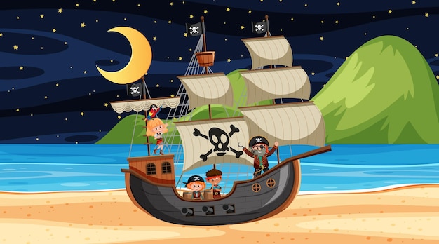 Playa con barco pirata en escena nocturna en estilo de dibujos animados