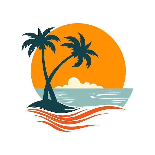 Playa con cocotero y diseño de logotipo de vector de puesta de sol