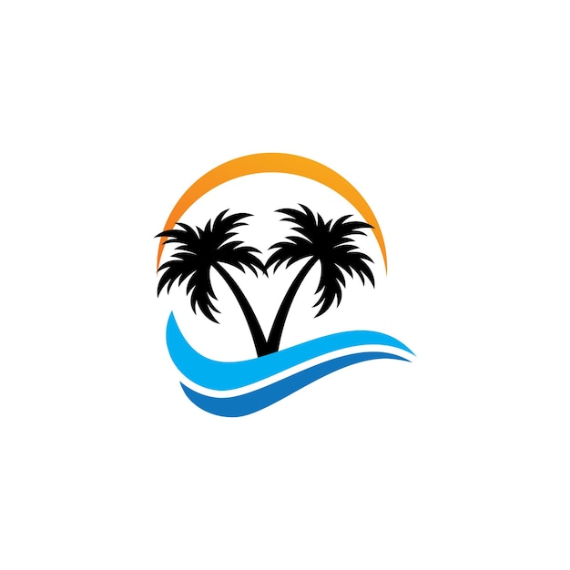 playa con cocoteros en la plantilla vectorial del logotipo del amanecer