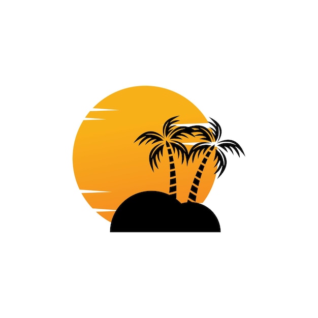 playa con cocoteros en la plantilla vectorial del logotipo del amanecer
