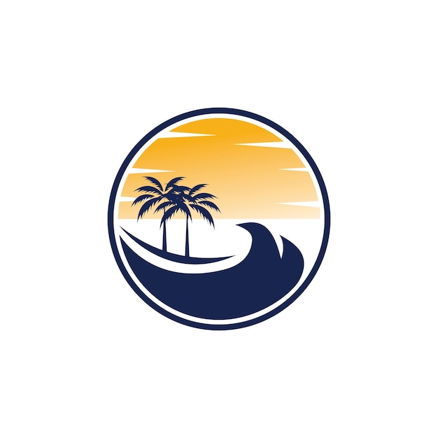 playa con cocoteros en la plantilla vectorial del logotipo del amanecer