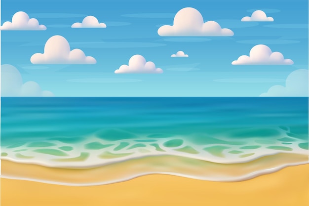 Playa de dibujos animados en 3D y fondo oceánico con nubes