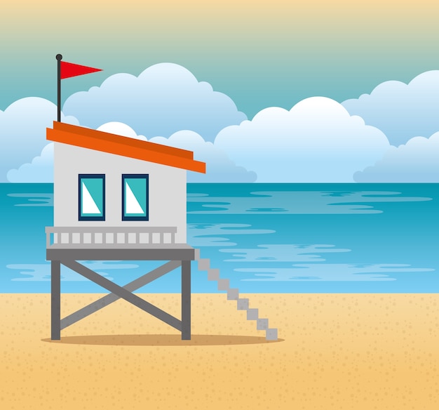 Playa con diseño de ilustración de vector de escena de torre de salvavidas