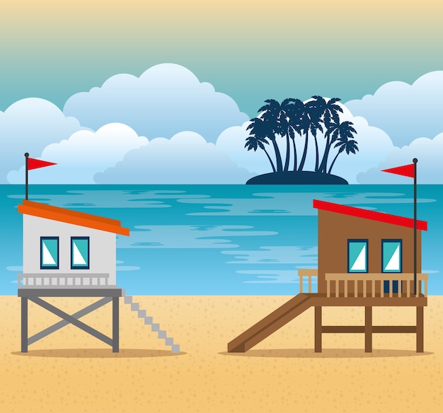 Playa con diseño de ilustración de vector de escena de torre de salvavidas