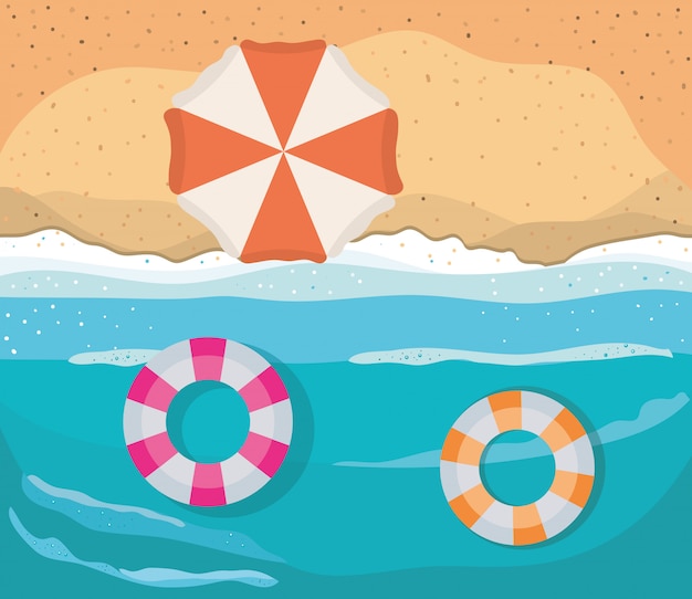 Playa con diseño de vector de vista superior de paraguas y flotadores
