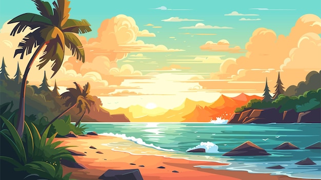 Playa de fantasía tropical fondo vectorial de verano ilustración de vista marítima póster