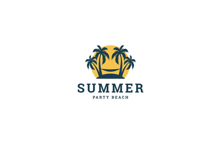 Vector playa de fiesta de vacaciones con palmera y estilo de puesta de sol ilustración vectorial de inspiración del logotipo