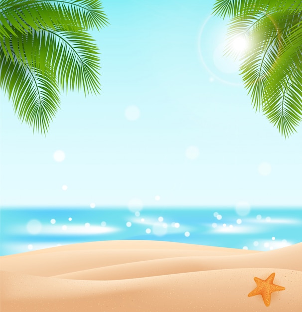Vector playa gratis para tu diseño. paisaje con un océano azul cielo, arenas doradas y hojas de palma