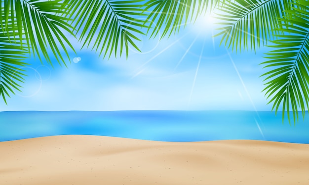 La playa con hojas de palmera junto con el diseño caligráfico de fondo de verano