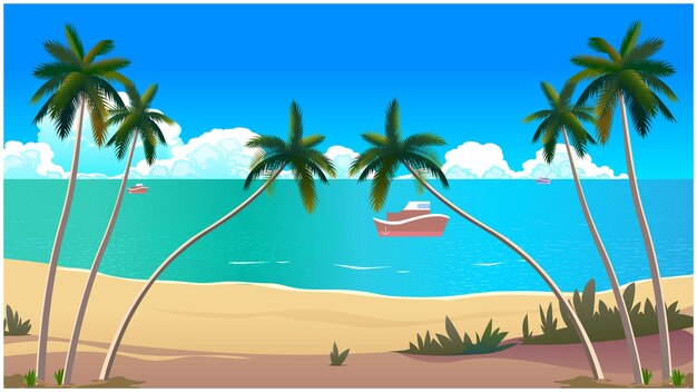Playa de mar y un barco corre en el mar para el fondo de animación de dibujos animados 2d