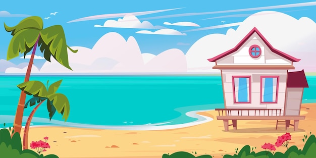 Playa y mar, casa de bungalows de playa blanca y palmeras. ilustración de vector de un hotel junto al mar. descanse en las islas con el fondo del cielo. casa de dibujos animados